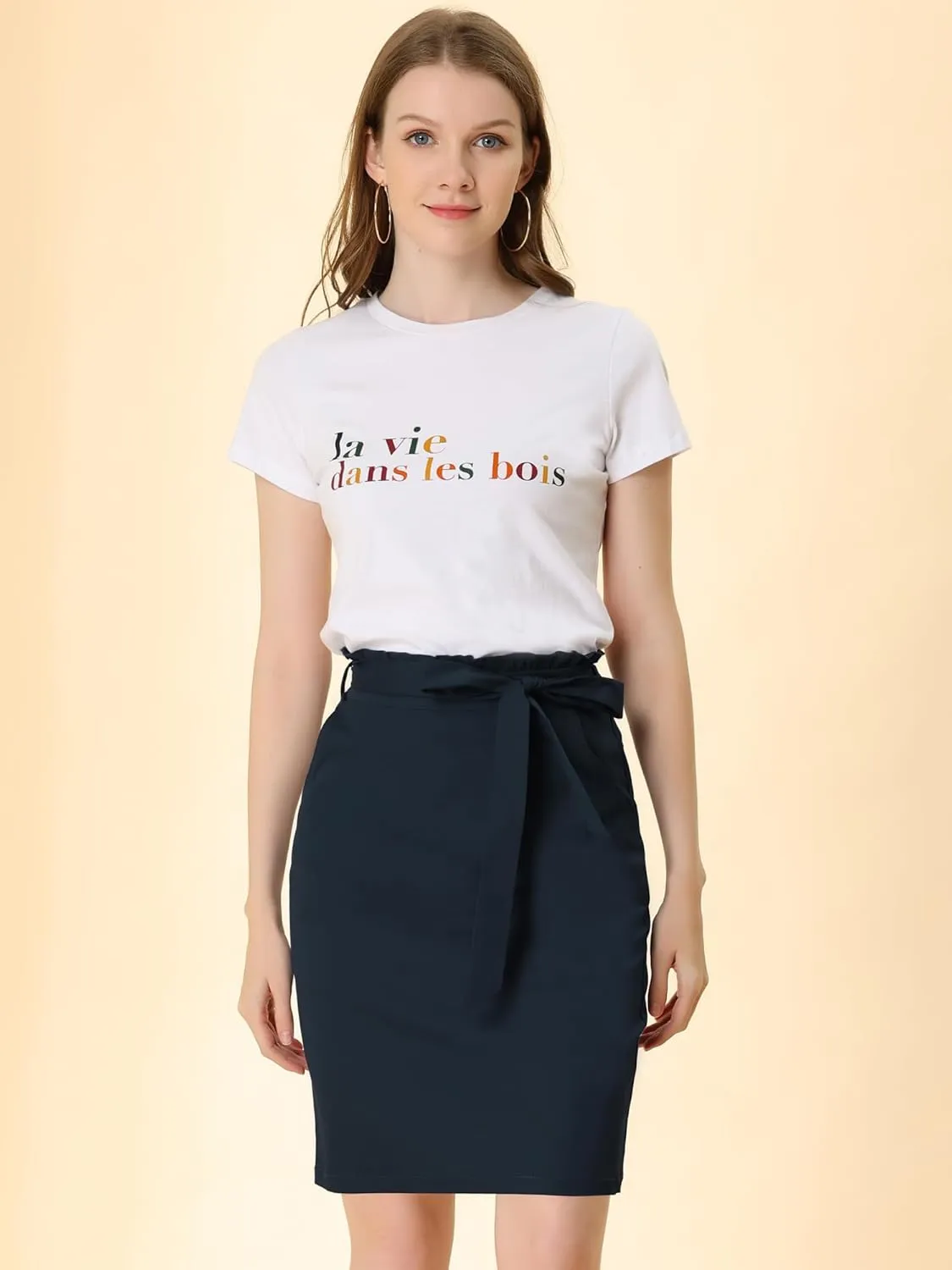 Allegra K Women's Workwear Paperbag Elastic Waist Side Pockets Cotton Pencil Skirt