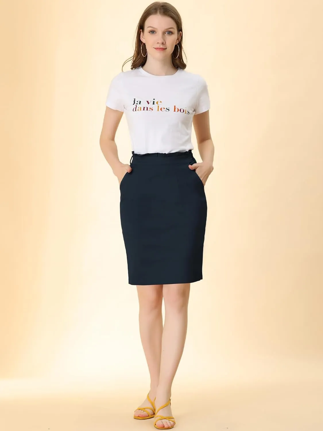 Allegra K Women's Workwear Paperbag Elastic Waist Side Pockets Cotton Pencil Skirt