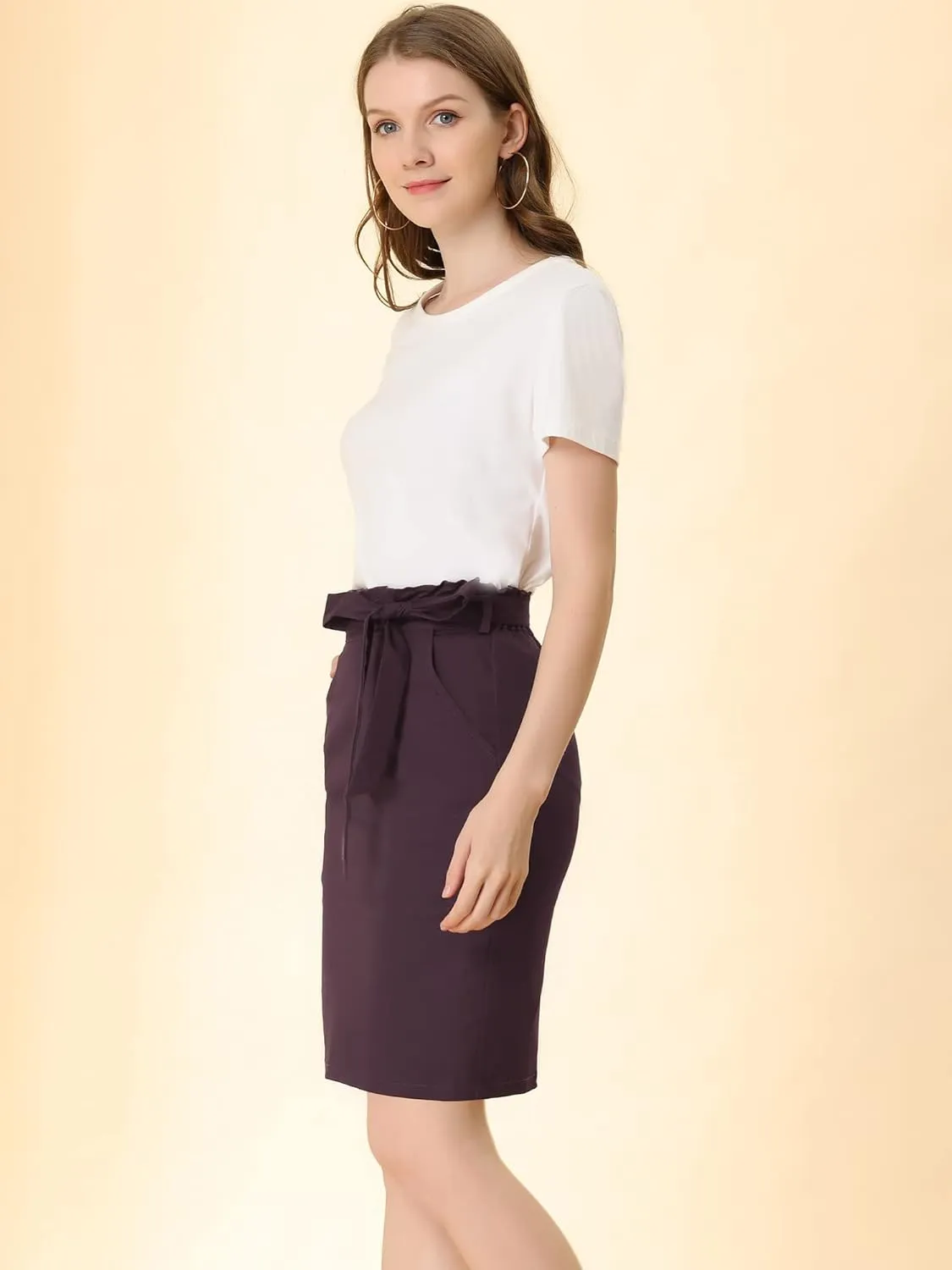 Allegra K Women's Workwear Paperbag Elastic Waist Side Pockets Cotton Pencil Skirt