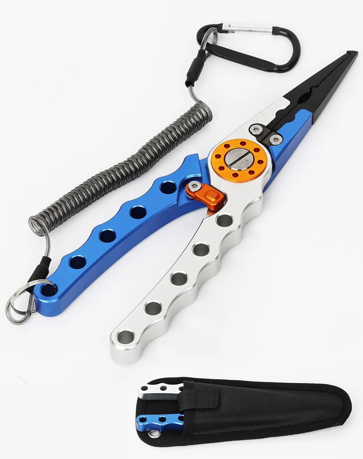 Aluminum Fishing Pliers Saltwater, Multi-tool Fishing Hook Remover Split Ring Pliers Tools with Sheath and Lanyard Gear for Braided Fishing Line Cutter, Tungsten-Carbide Side Cutters