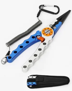 Aluminum Fishing Pliers Saltwater, Multi-tool Fishing Hook Remover Split Ring Pliers Tools with Sheath and Lanyard Gear for Braided Fishing Line Cutter, Tungsten-Carbide Side Cutters