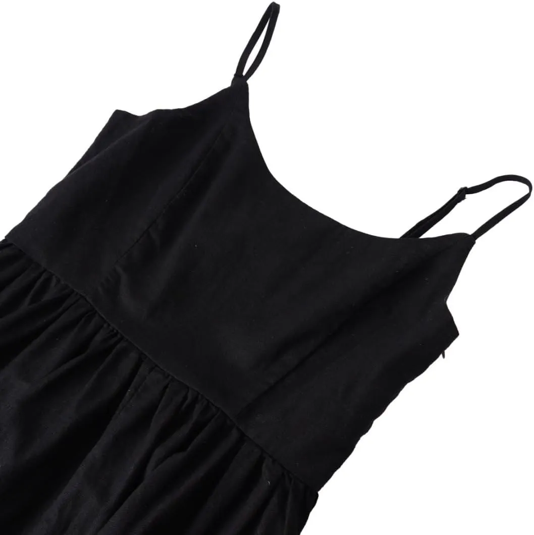 Amazhiyu Womens Linen Scoop Neck Spaghetti Strap Smocked Midi Dresses with Belt