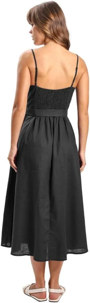 Amazhiyu Womens Linen Scoop Neck Spaghetti Strap Smocked Midi Dresses with Belt