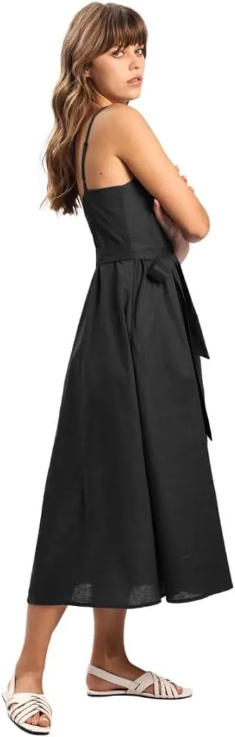 Amazhiyu Womens Linen Scoop Neck Spaghetti Strap Smocked Midi Dresses with Belt