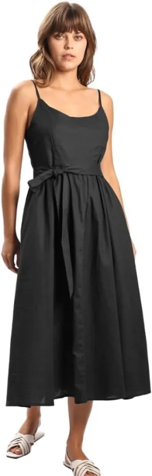 Amazhiyu Womens Linen Scoop Neck Spaghetti Strap Smocked Midi Dresses with Belt