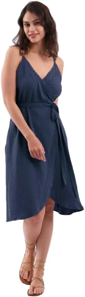 Amazhiyu Womens Summer Spaghetti Strap Sleeveless Midi Wrap Dress with Pockets