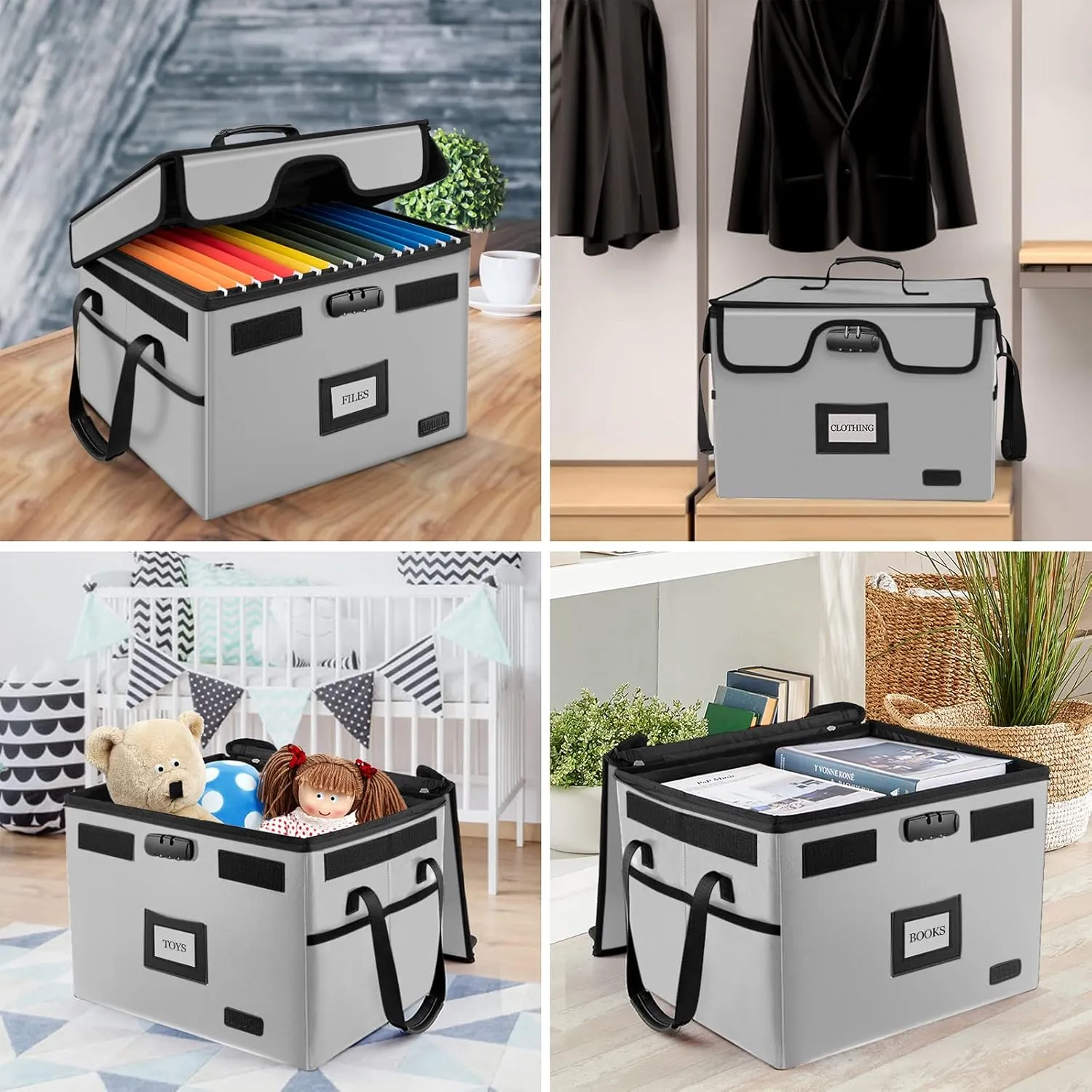 AMBOR File Box with Lock, Fireproof Document Box with 5 Tabs & Inserts, Collapsible File Organizer with Handle for Letter & Legal Size Folder/Certifications/Books Storage, Grey