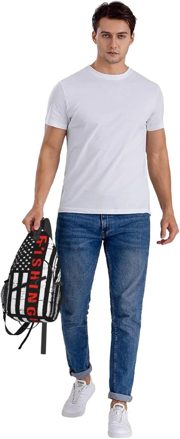 American Fishing Flag Crossbody Sling Bag Chest Bags Casual Shoulder Backpack Sport Fanny Pack Gym Diagonally Daypack with Adjustable Strap for Running