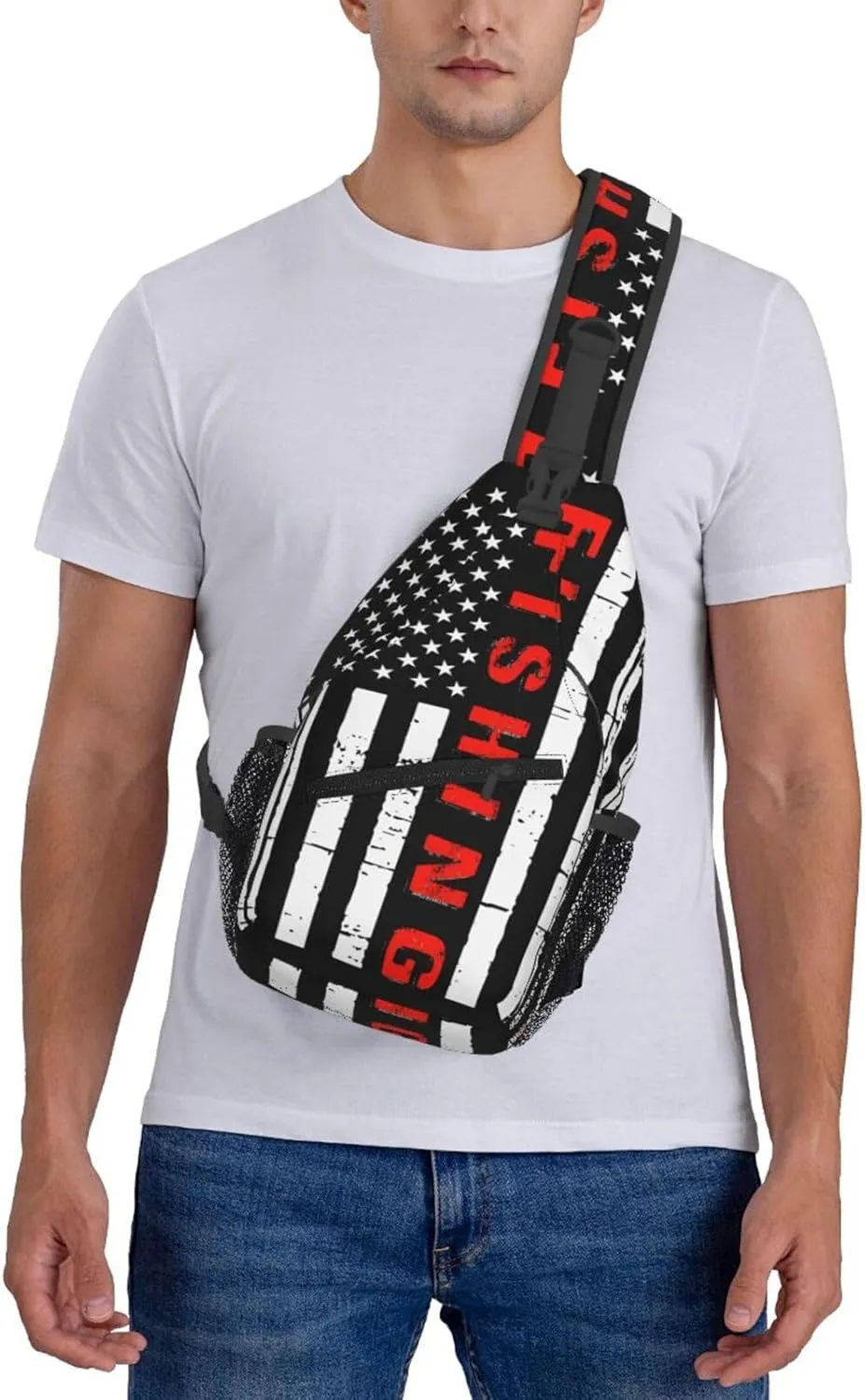 American Fishing Flag Crossbody Sling Bag Chest Bags Casual Shoulder Backpack Sport Fanny Pack Gym Diagonally Daypack with Adjustable Strap for Running