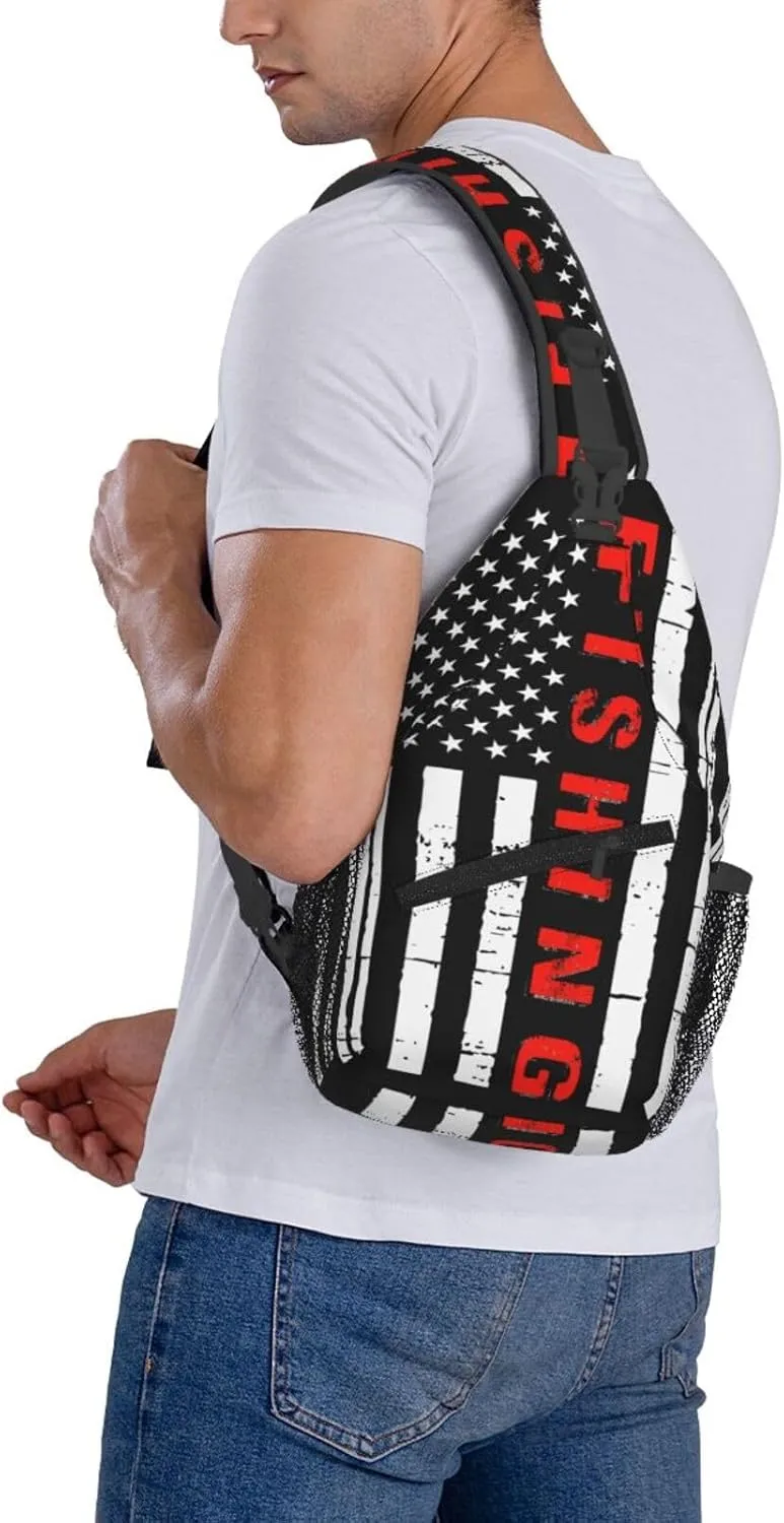 American Fishing Flag Crossbody Sling Bag Chest Bags Casual Shoulder Backpack Sport Fanny Pack Gym Diagonally Daypack with Adjustable Strap for Running