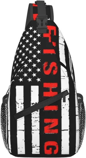 American Fishing Flag Crossbody Sling Bag Chest Bags Casual Shoulder Backpack Sport Fanny Pack Gym Diagonally Daypack with Adjustable Strap for Running