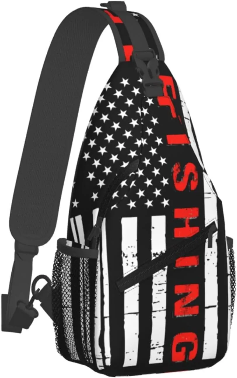 American Fishing Flag Crossbody Sling Bag Chest Bags Casual Shoulder Backpack Sport Fanny Pack Gym Diagonally Daypack with Adjustable Strap for Running