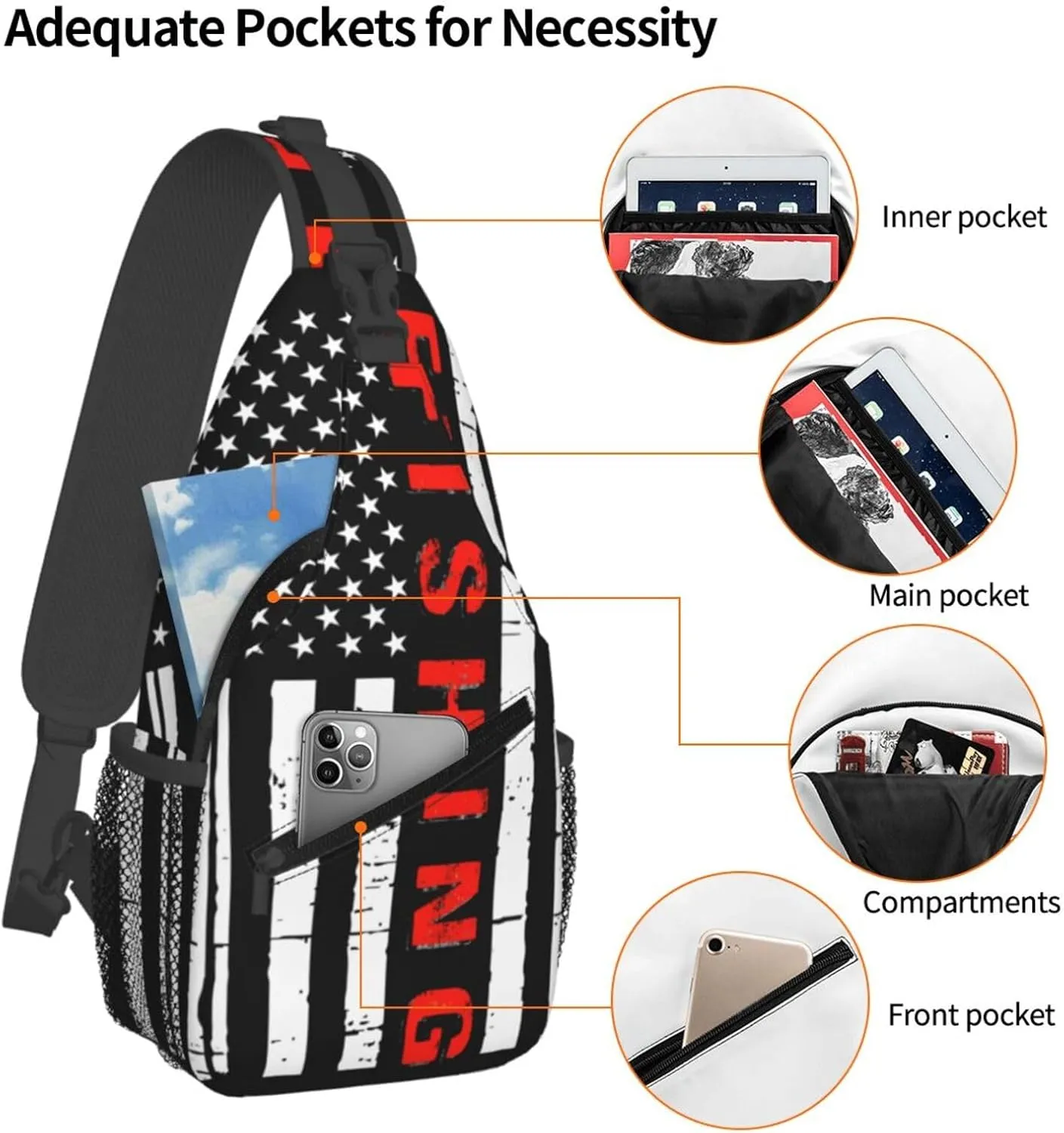 American Fishing Flag Crossbody Sling Bag Chest Bags Casual Shoulder Backpack Sport Fanny Pack Gym Diagonally Daypack with Adjustable Strap for Running