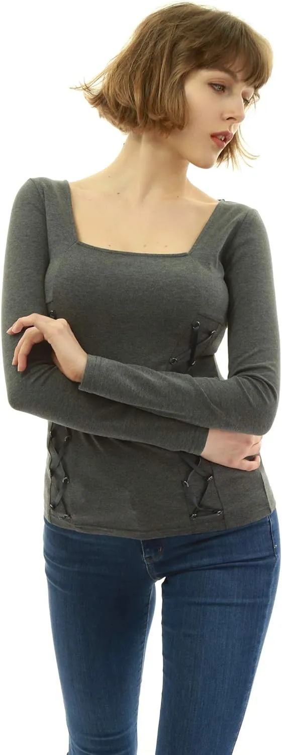 AmélieBoutik Women Square Neck Lace Up Embellished Blouse