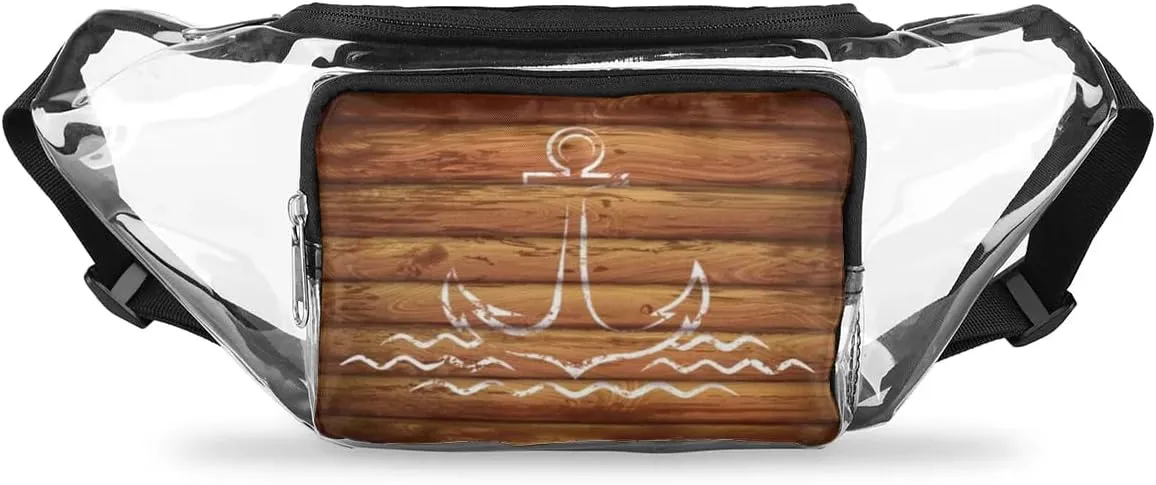 Anchor Emblem Wooden Planks Background Clear Fanny Pack Stadium Approved Clear Crossbody Belt Bag for Women Men Transparent Waist Bag with Adjustable Strap for Concerts Sports Events Travel