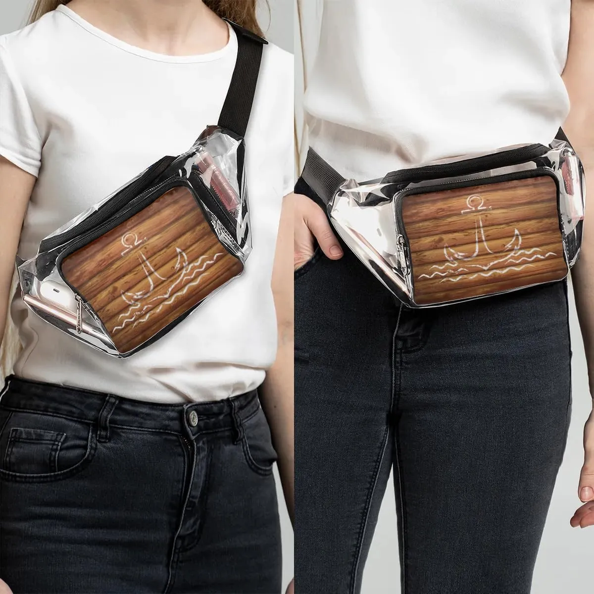 Anchor Emblem Wooden Planks Background Clear Fanny Pack Stadium Approved Clear Crossbody Belt Bag for Women Men Transparent Waist Bag with Adjustable Strap for Concerts Sports Events Travel