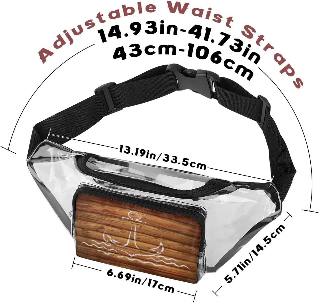 Anchor Emblem Wooden Planks Background Clear Fanny Pack Stadium Approved Clear Crossbody Belt Bag for Women Men Transparent Waist Bag with Adjustable Strap for Concerts Sports Events Travel