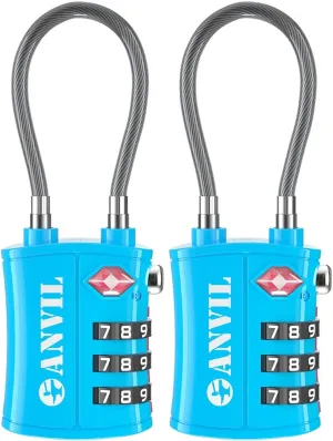 ANVIL TSA Approved Luggage Locks - Re-settable 3-Digit Combination Cable Lock with Alloy Body, Keyless Travel Sentry Accepted Padlock for Gym Locker, Golf Bags, Suitcases
