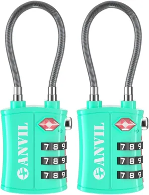 ANVIL TSA Approved Luggage Locks - Re-settable 3-Digit Combination Cable Lock with Alloy Body, Keyless Travel Sentry Accepted Padlock for Gym Locker, Golf Bags, Suitcases