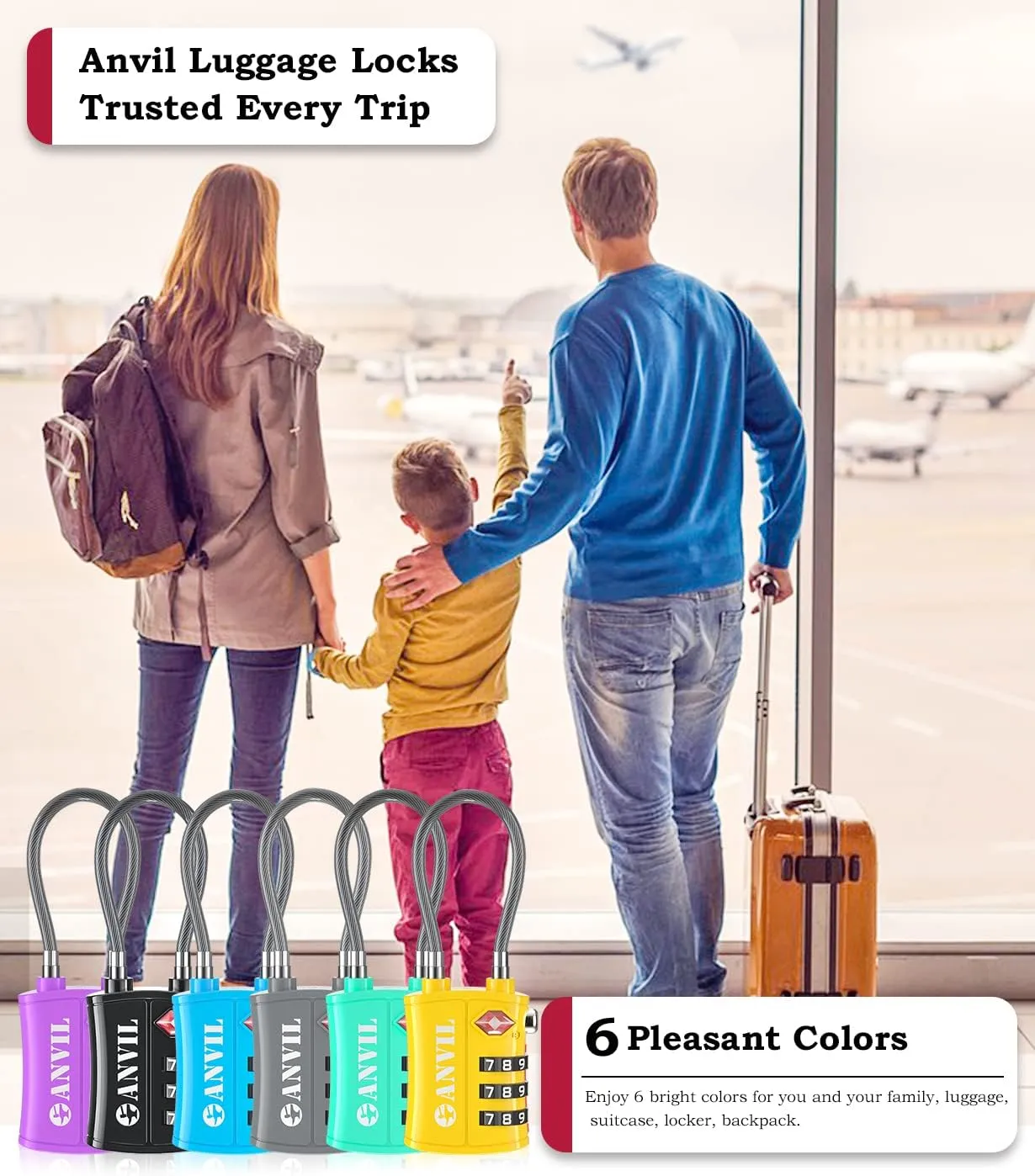 ANVIL TSA Approved Luggage Locks - Re-settable 3-Digit Combination Cable Lock with Alloy Body, Keyless Travel Sentry Accepted Padlock for Gym Locker, Golf Bags, Suitcases