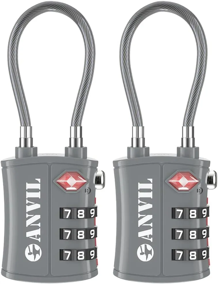 ANVIL TSA Approved Luggage Locks - Re-settable 3-Digit Combination Cable Lock with Alloy Body, Keyless Travel Sentry Accepted Padlock for Gym Locker, Golf Bags, Suitcases