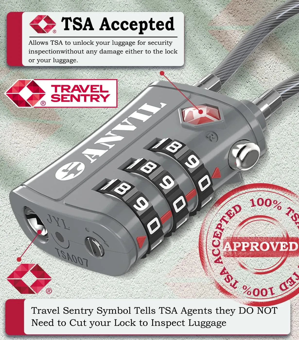 ANVIL TSA Approved Luggage Locks - Re-settable 3-Digit Combination Cable Lock with Alloy Body, Keyless Travel Sentry Accepted Padlock for Gym Locker, Golf Bags, Suitcases