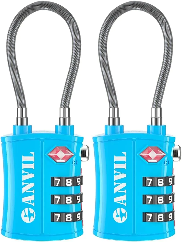 ANVIL TSA Approved Luggage Locks - Re-settable 3-Digit Combination Cable Lock with Alloy Body, Keyless Travel Sentry Accepted Padlock for Gym Locker, Golf Bags, Suitcases