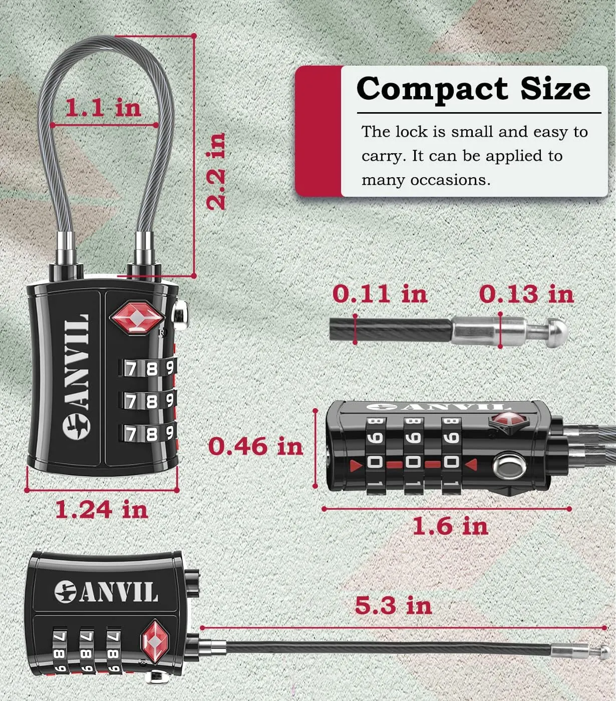 ANVIL TSA Approved Luggage Locks - Re-settable 3-Digit Combination Cable Lock with Alloy Body, Keyless Travel Sentry Accepted Padlock for Gym Locker, Golf Bags, Suitcases