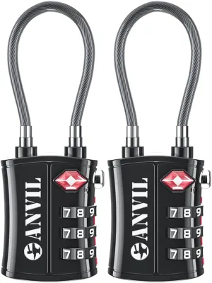 ANVIL TSA Approved Luggage Locks - Re-settable 3-Digit Combination Cable Lock with Alloy Body, Keyless Travel Sentry Accepted Padlock for Gym Locker, Golf Bags, Suitcases