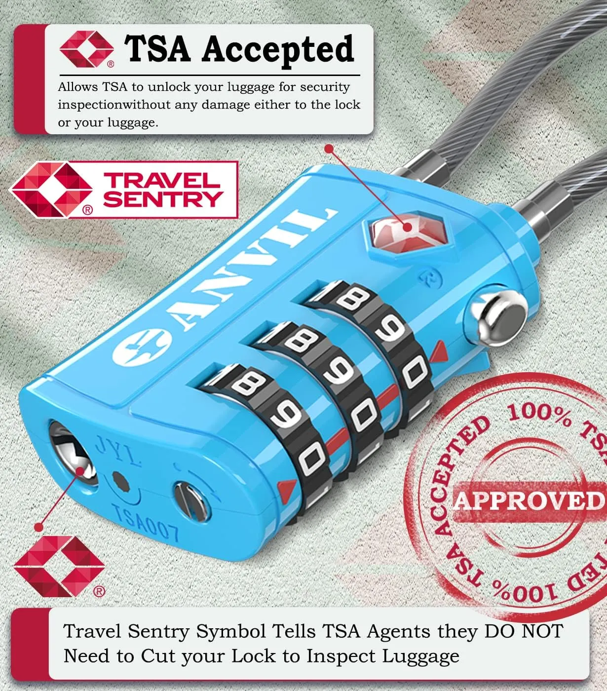 ANVIL TSA Approved Luggage Locks - Re-settable 3-Digit Combination Cable Lock with Alloy Body, Keyless Travel Sentry Accepted Padlock for Gym Locker, Golf Bags, Suitcases