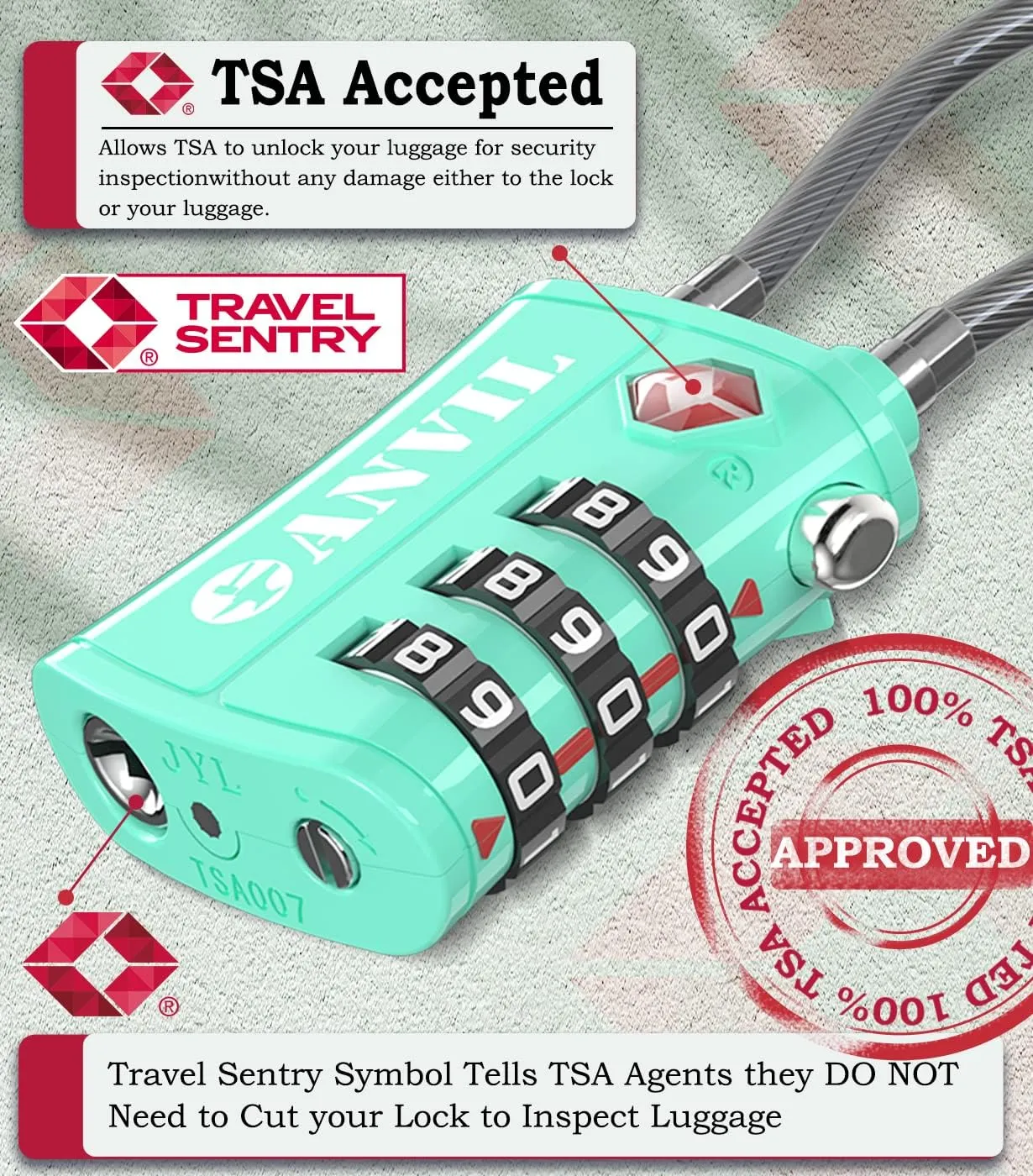 ANVIL TSA Approved Luggage Locks - Re-settable 3-Digit Combination Cable Lock with Alloy Body, Keyless Travel Sentry Accepted Padlock for Gym Locker, Golf Bags, Suitcases