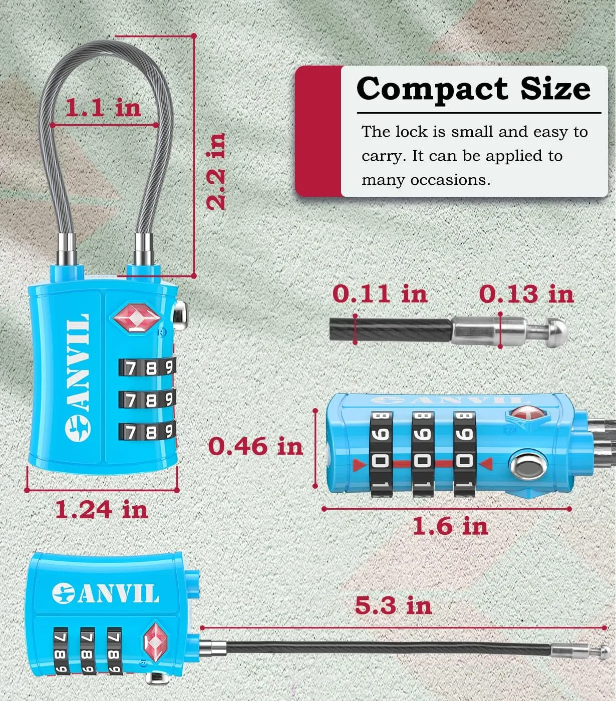 ANVIL TSA Approved Luggage Locks - Re-settable 3-Digit Combination Cable Lock with Alloy Body, Keyless Travel Sentry Accepted Padlock for Gym Locker, Golf Bags, Suitcases
