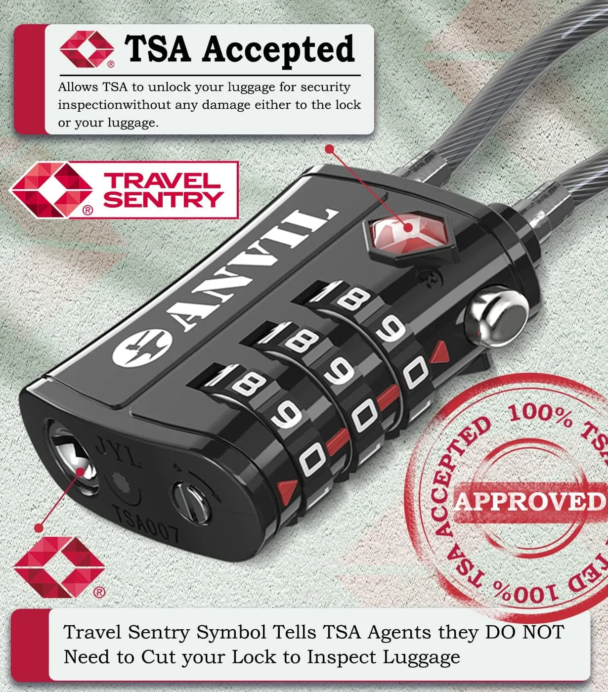 ANVIL TSA Approved Luggage Locks - Re-settable 3-Digit Combination Cable Lock with Alloy Body, Keyless Travel Sentry Accepted Padlock for Gym Locker, Golf Bags, Suitcases