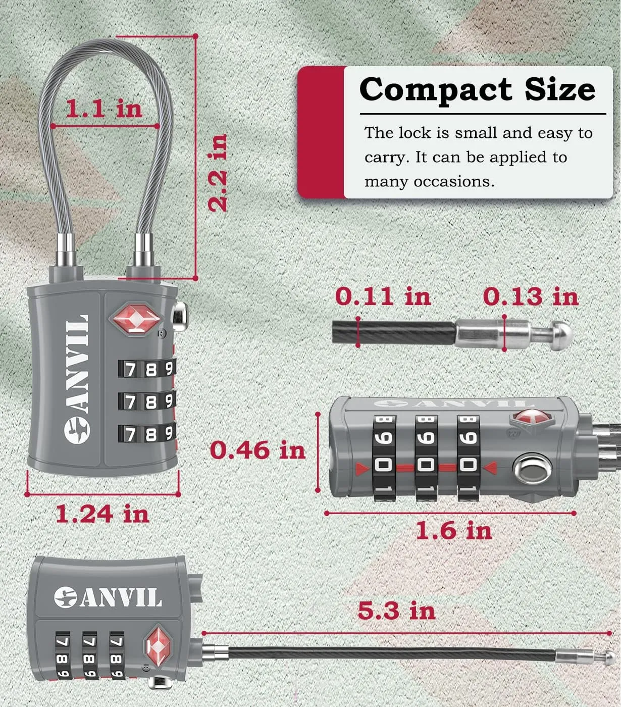 ANVIL TSA Approved Luggage Locks - Re-settable 3-Digit Combination Cable Lock with Alloy Body, Keyless Travel Sentry Accepted Padlock for Gym Locker, Golf Bags, Suitcases