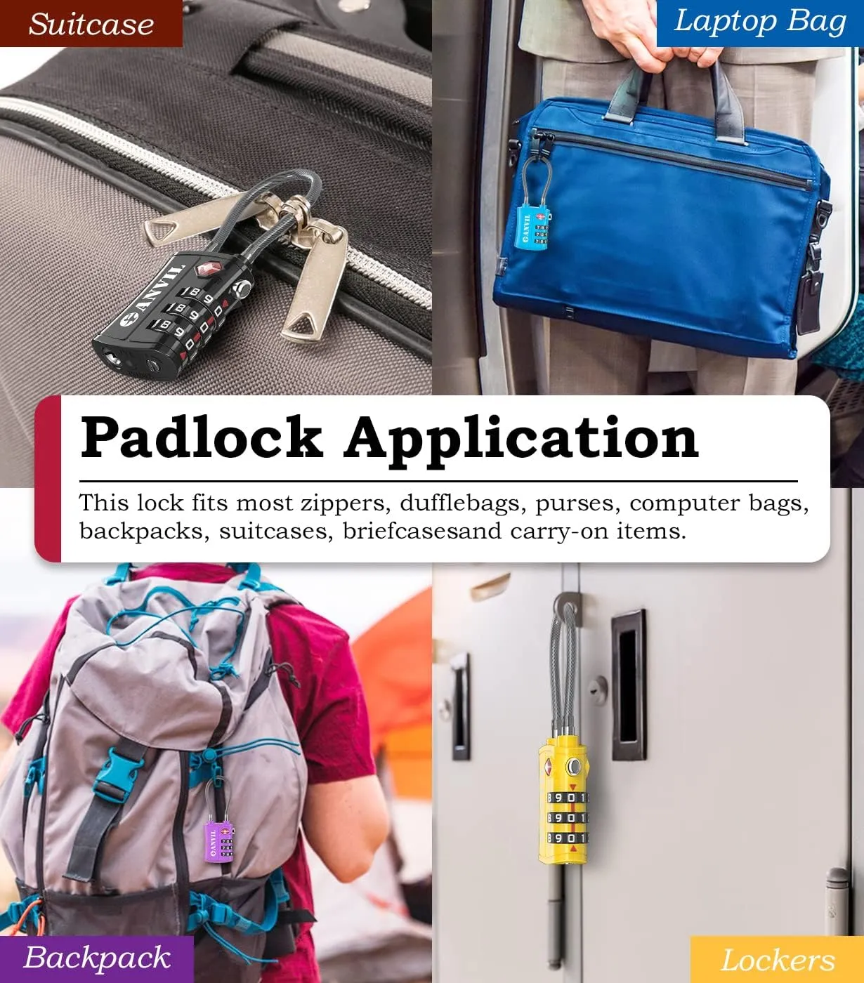 ANVIL TSA Approved Luggage Locks - Re-settable 3-Digit Combination Cable Lock with Alloy Body, Keyless Travel Sentry Accepted Padlock for Gym Locker, Golf Bags, Suitcases