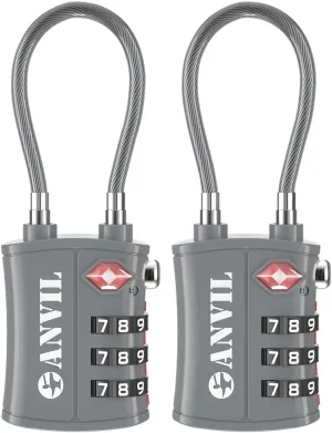 ANVIL TSA Approved Luggage Locks - Re-settable 3-Digit Combination Cable Lock with Alloy Body, Keyless Travel Sentry Accepted Padlock for Gym Locker, Golf Bags, Suitcases