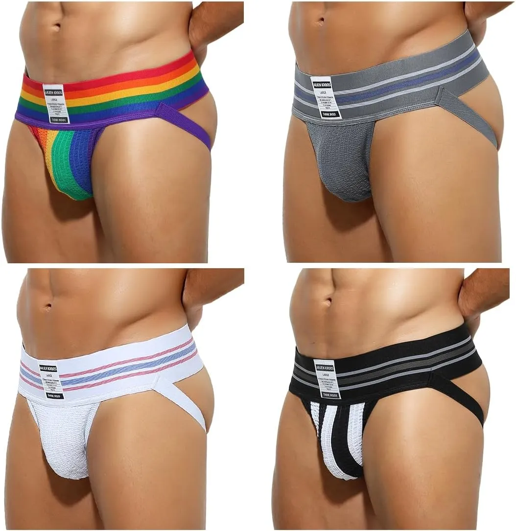Arjen Kroos Men's Jock Strap High Elastic Jockstrap Underwear Breathable Athletic Supporter with Wide Waistband 4 Pack