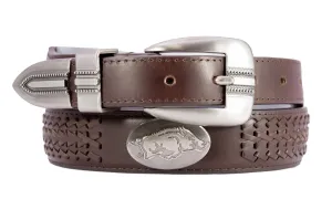 Arkansas Razorbacks Men's Braided Leather Belt. ARK Razorbacks Gift. ARK Belt. Brown Braided Full Grain Finish With Metal Emblem Conchos.
