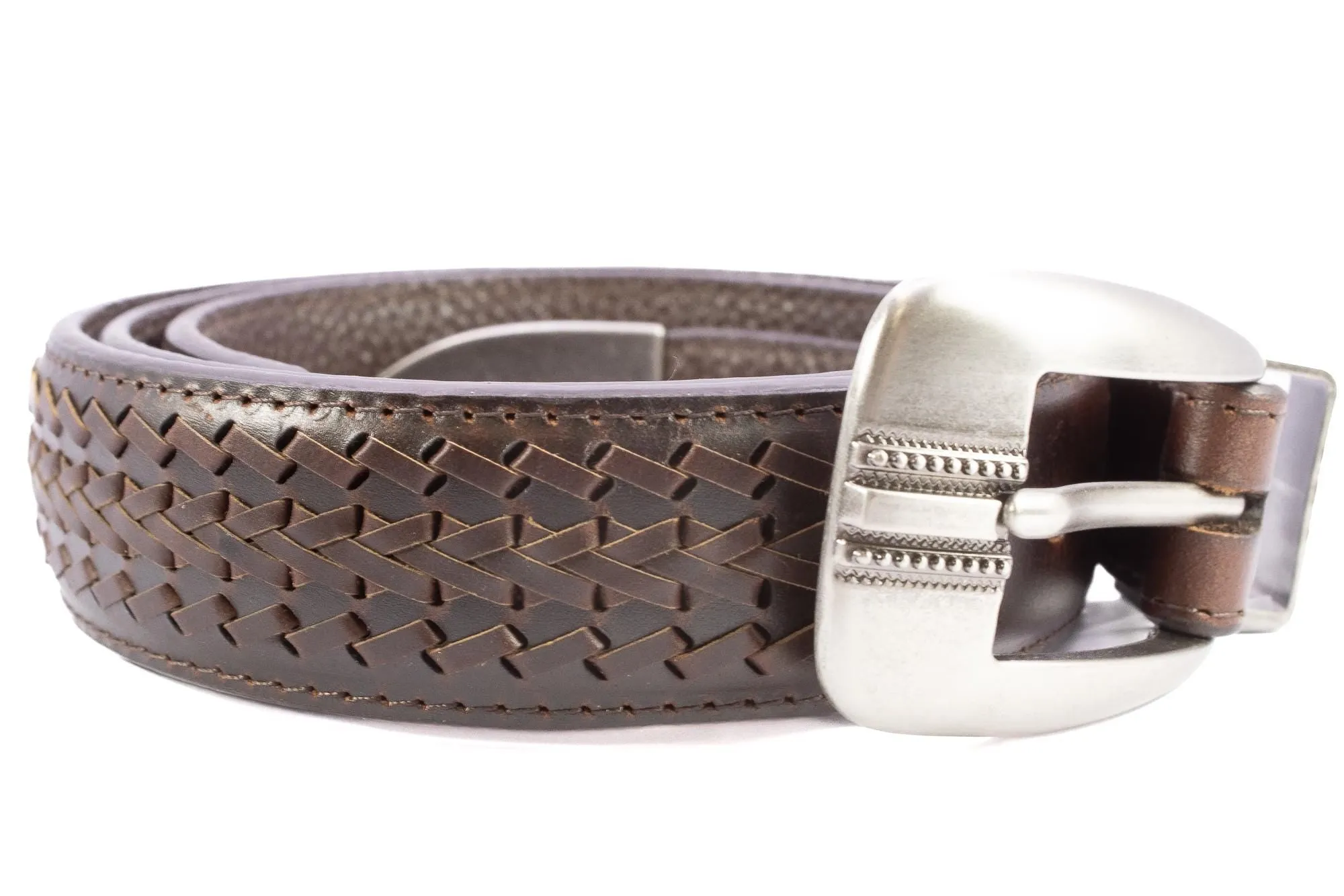 Arkansas Razorbacks Men's Braided Leather Belt. ARK Razorbacks Gift. ARK Belt. Brown Braided Full Grain Finish With Metal Emblem Conchos.