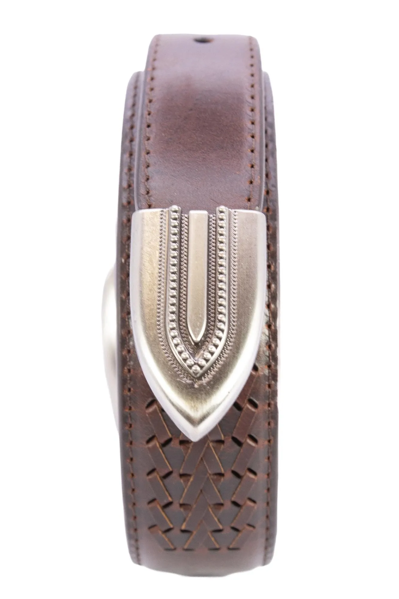 Arkansas Razorbacks Men's Braided Leather Belt. ARK Razorbacks Gift. ARK Belt. Brown Braided Full Grain Finish With Metal Emblem Conchos.