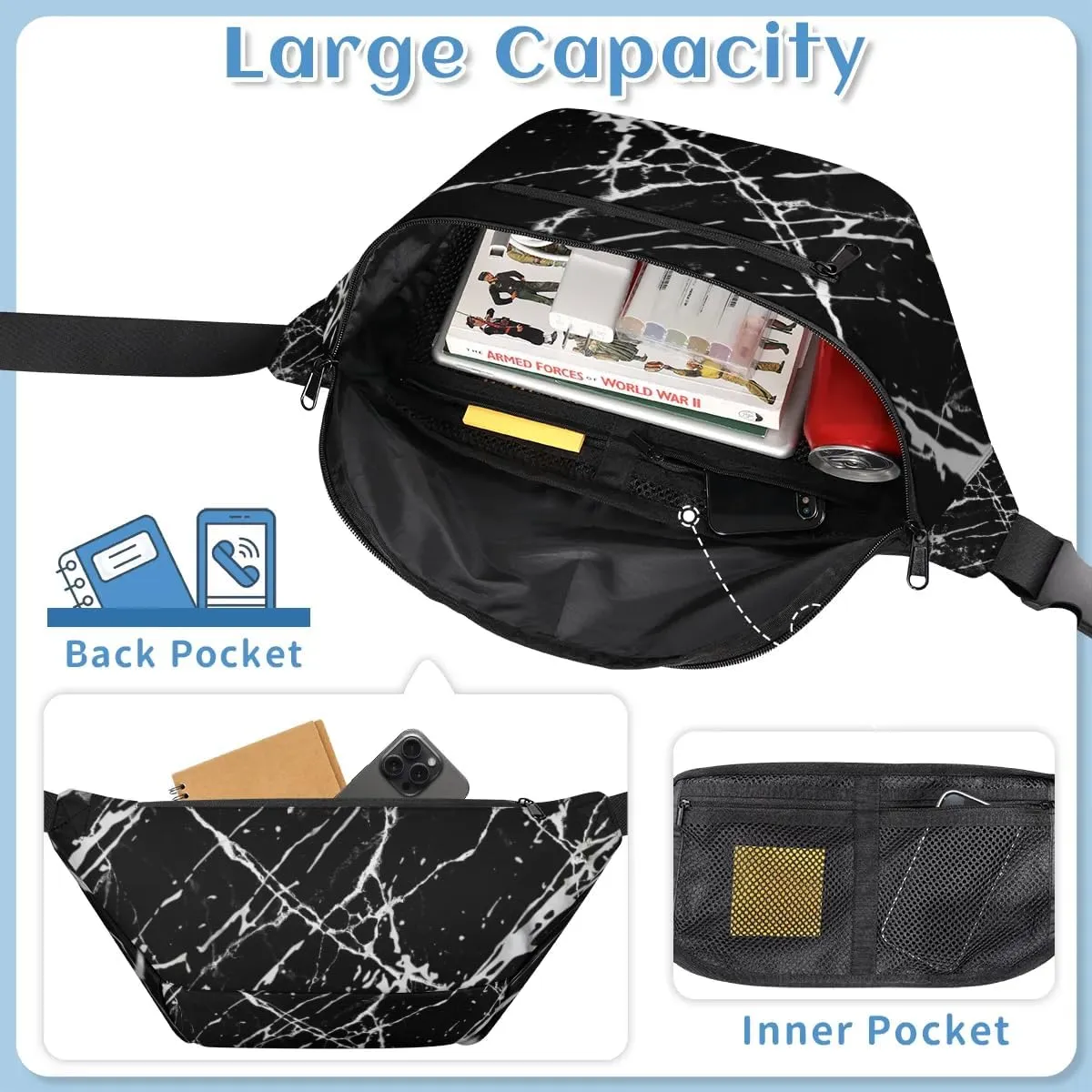 Artificial Marble Sling Bag Crossbody Backpack Chest Daypack for Women Sport Travel Hiking Casual Bag Multipurpose Waist Pack With Zipper Closure Adjustable Strap Shoulder Bag