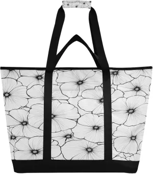 Artistic Lines with White Flowers Reusable Insulated Lunchbox Cooler Bag, Leakproof Kitchen Grocery Bag Collapsible Portable Cooler Tote Bag for Picnic, Camping, Office, Travel