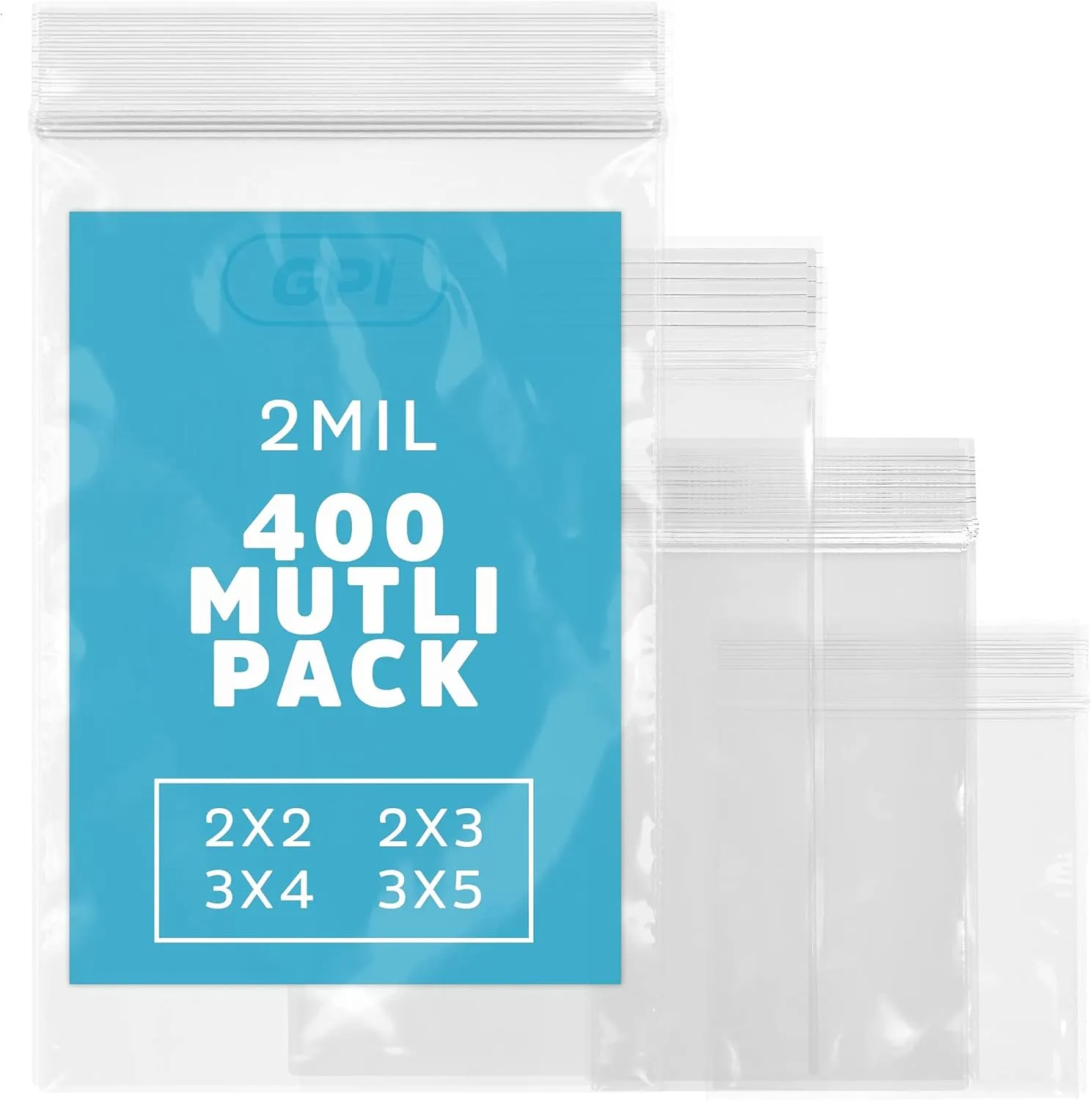 Assorted Clear Plastic Zip Bags- GPI 400 Pack - 2 Mil, 4 Sizes, 2"x2", 2"x3", 3"x4", 3"x5", Strong & Durable Poly Baggies, Resealable Zip Top Lock for Jewelry, Storage, Packaging & Shipping.
