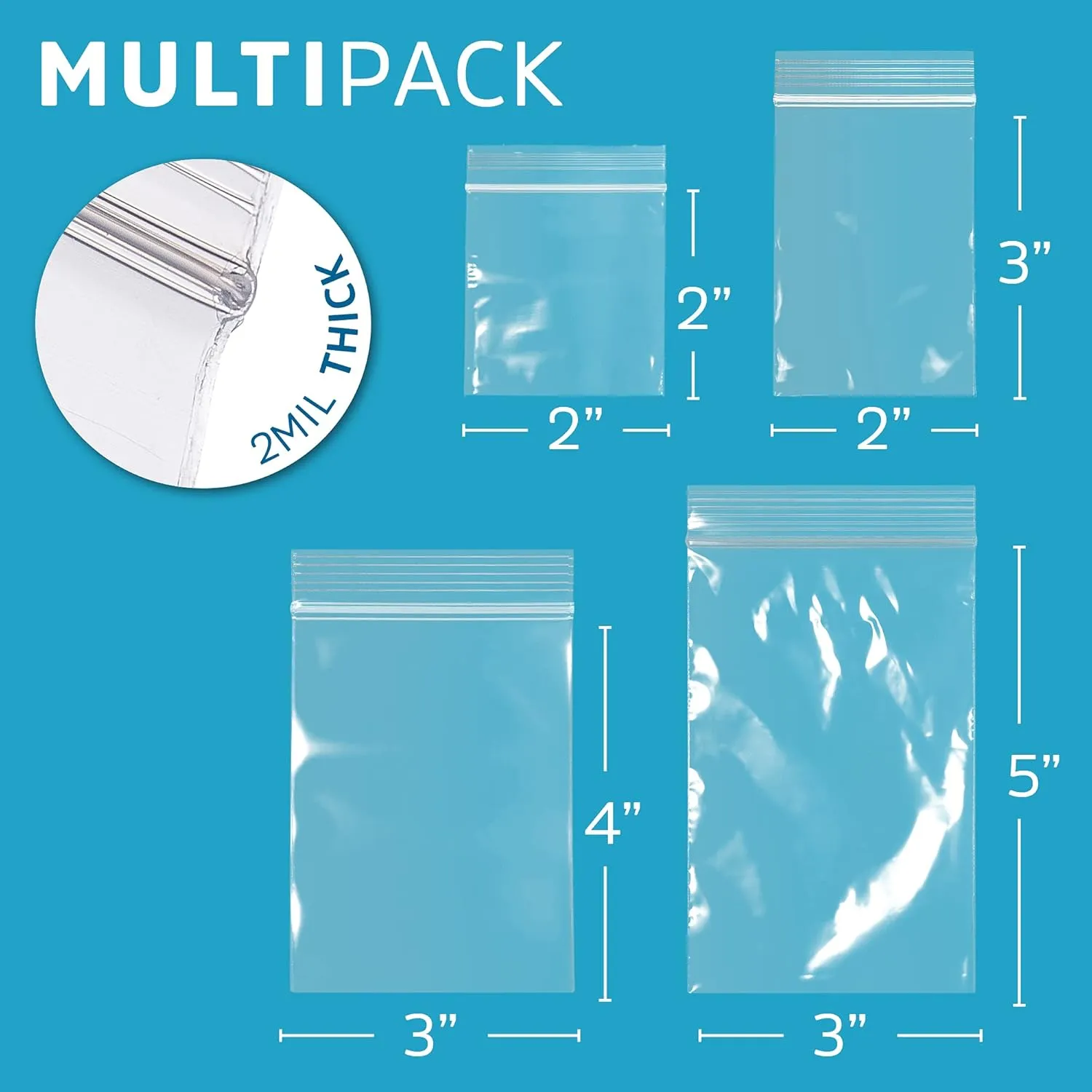 Assorted Clear Plastic Zip Bags- GPI 400 Pack - 2 Mil, 4 Sizes, 2"x2", 2"x3", 3"x4", 3"x5", Strong & Durable Poly Baggies, Resealable Zip Top Lock for Jewelry, Storage, Packaging & Shipping.