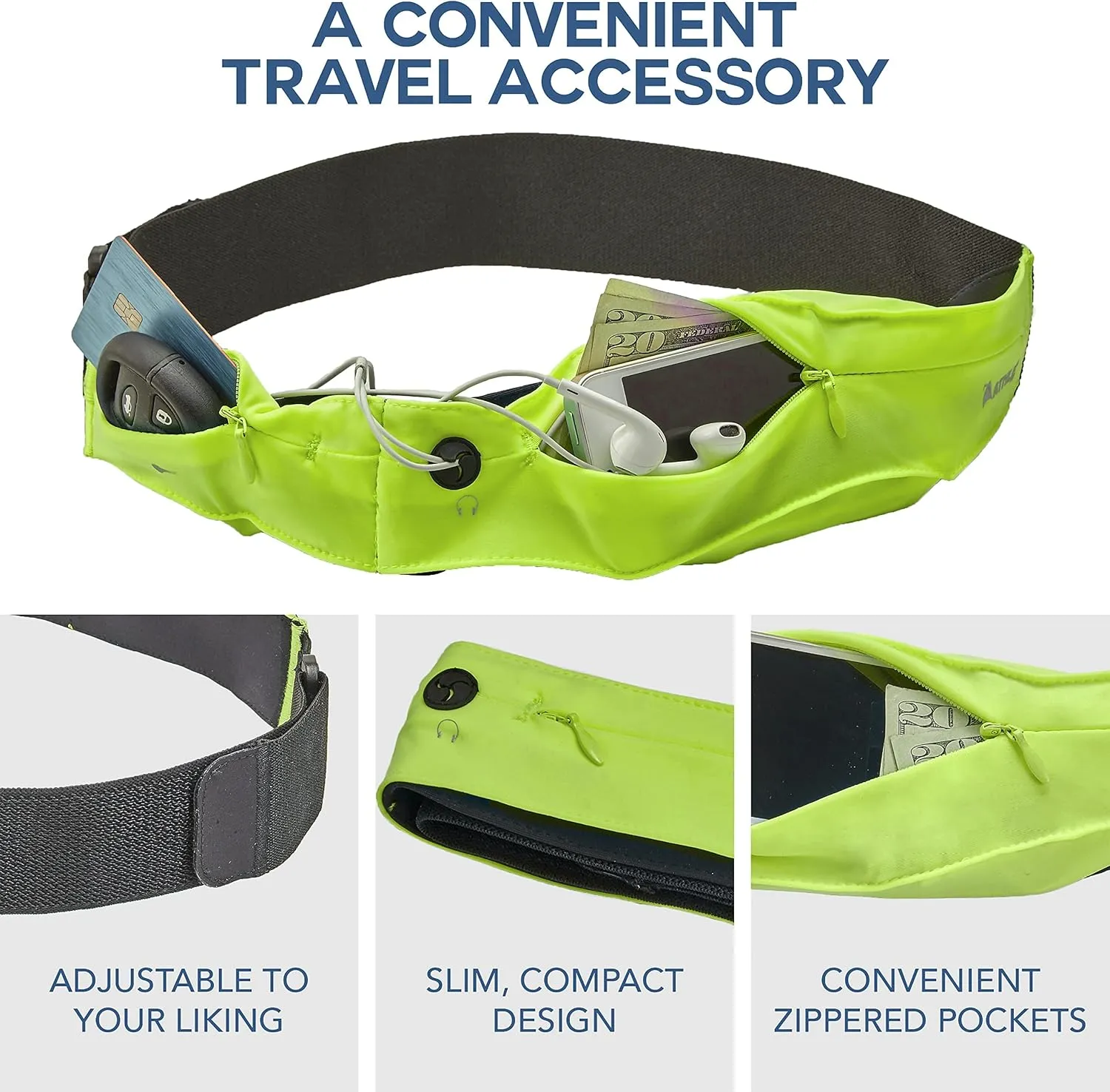 Athlé Running Belt for Exercise and Travel - Two Stretch Pockets Fit Most Phones, Wallet, Cards and More - Key Clip, Earphone Jack, Adjustable Waist Strap