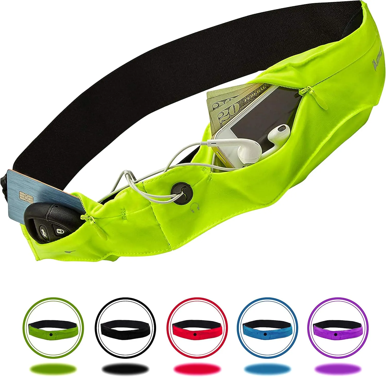 Athlé Running Belt for Exercise and Travel - Two Stretch Pockets Fit Most Phones, Wallet, Cards and More - Key Clip, Earphone Jack, Adjustable Waist Strap