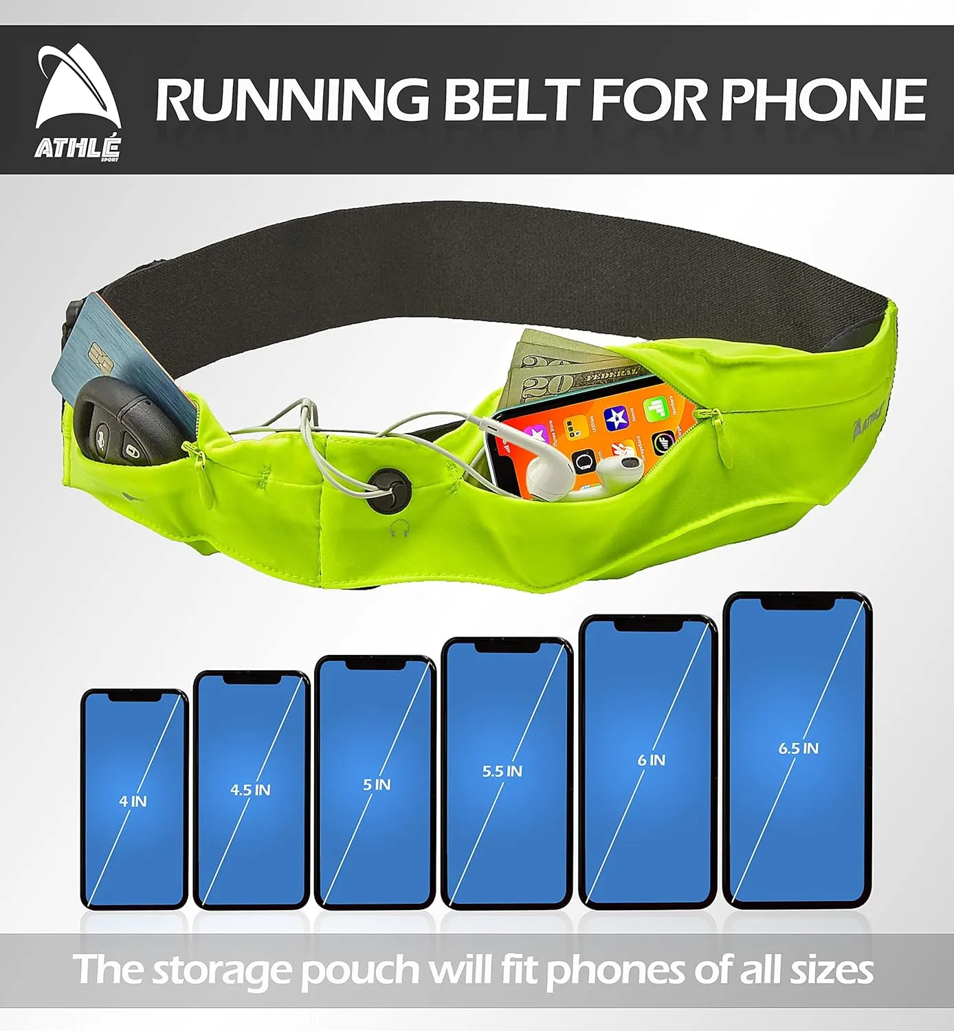 Athlé Running Belt for Exercise and Travel - Two Stretch Pockets Fit Most Phones, Wallet, Cards and More - Key Clip, Earphone Jack, Adjustable Waist Strap