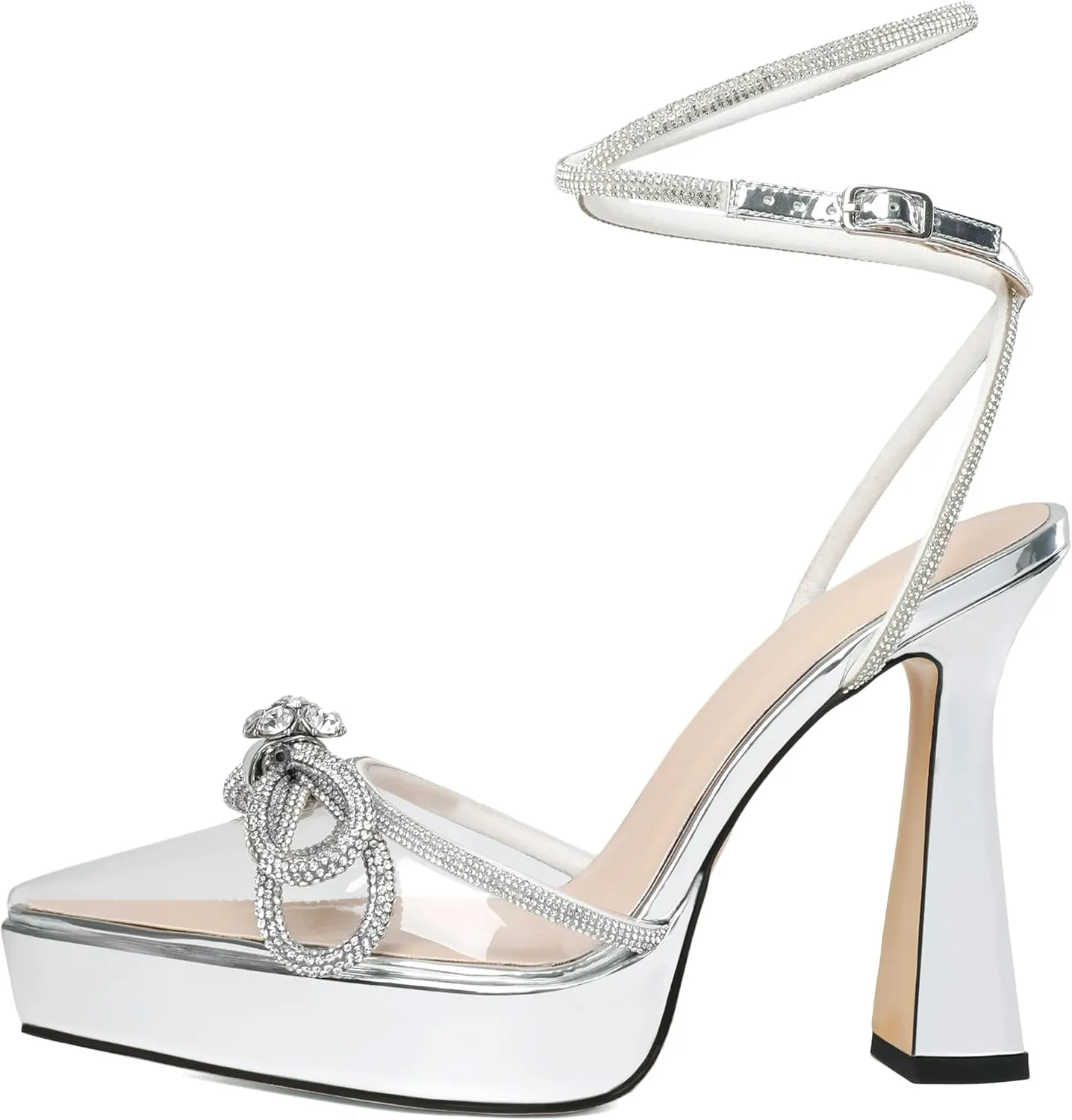 AUMOTED Women Platform Pumps High Heels Rhinestone Double Bows Heels Pointed Toe Satin Block Pumps Ankle Strap Crystals Lace Up Wedding Sandals Shoes 4.7 Inch