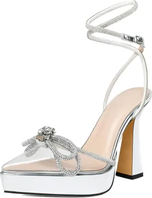 AUMOTED Women Platform Pumps High Heels Rhinestone Double Bows Heels Pointed Toe Satin Block Pumps Ankle Strap Crystals Lace Up Wedding Sandals Shoes 4.7 Inch