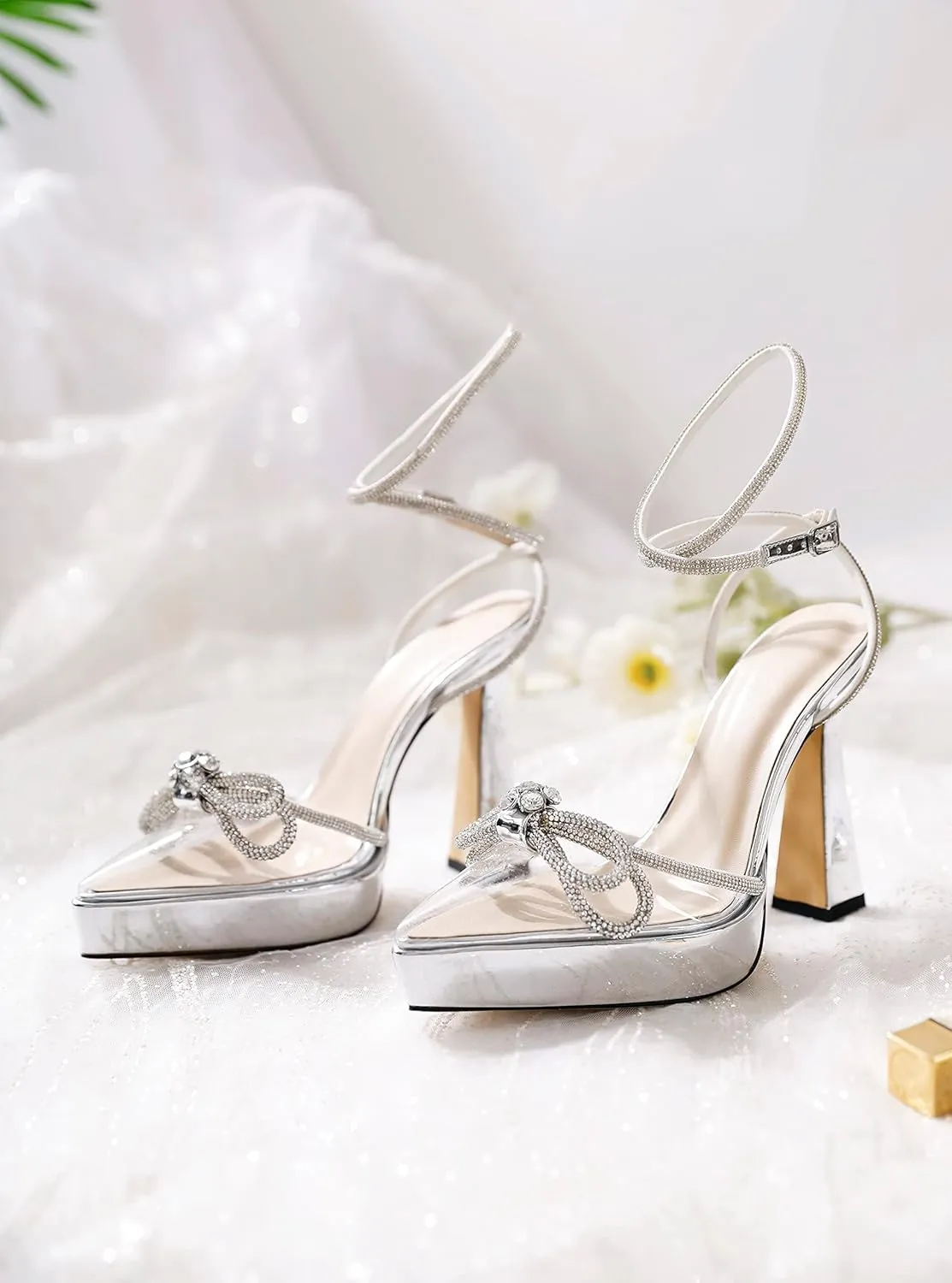 AUMOTED Women Platform Pumps High Heels Rhinestone Double Bows Heels Pointed Toe Satin Block Pumps Ankle Strap Crystals Lace Up Wedding Sandals Shoes 4.7 Inch